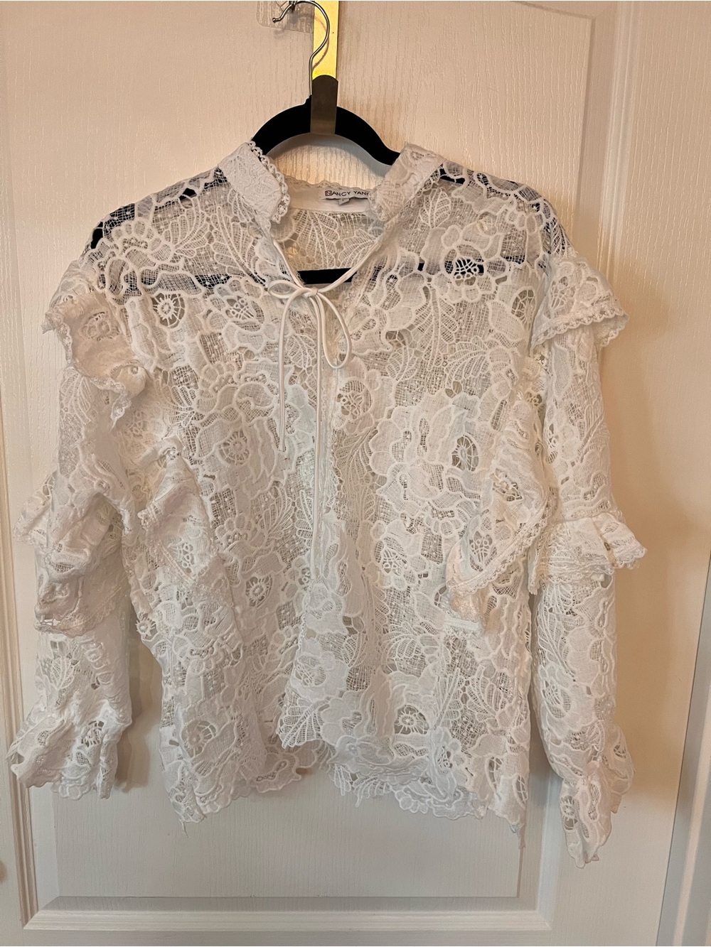 White Lace Ruffle Blouse - Elegant Women's Top - Picture 4 of 8